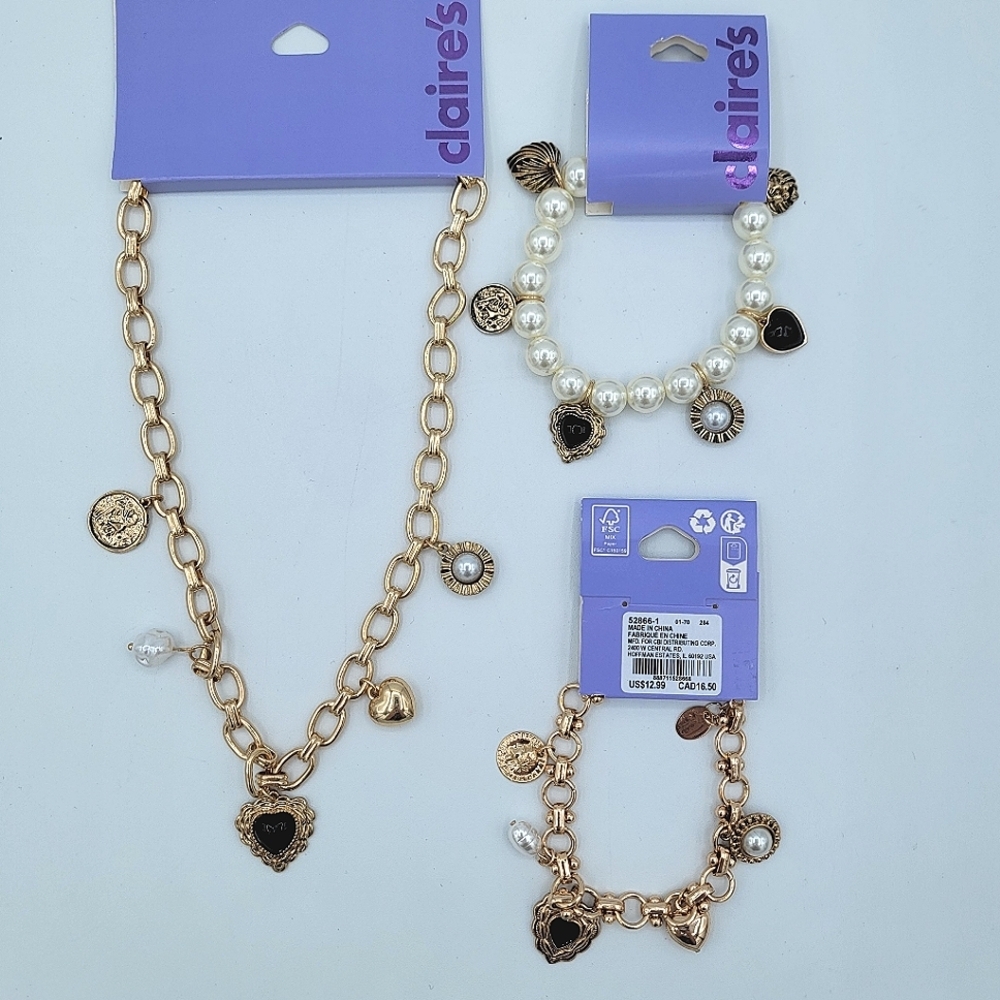 Claire's Gold & Black Charm Necklace & Bracelet Set NEW #0001